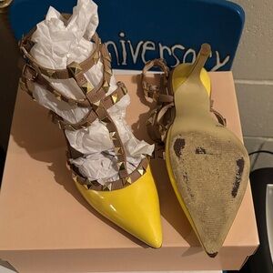 BCBGeneration Yellow Heels with Tan Studded Straps